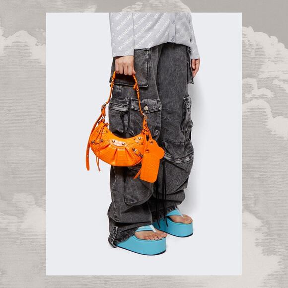 BALENCIAGA Le Cagole xs Orange Croc 2-way city giant hardware pop moto - Picture 4 of 11